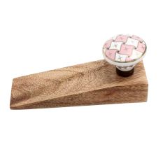2 Pieces Pink & White Golden Checkerboard Ceramic Wooden Door Stopper